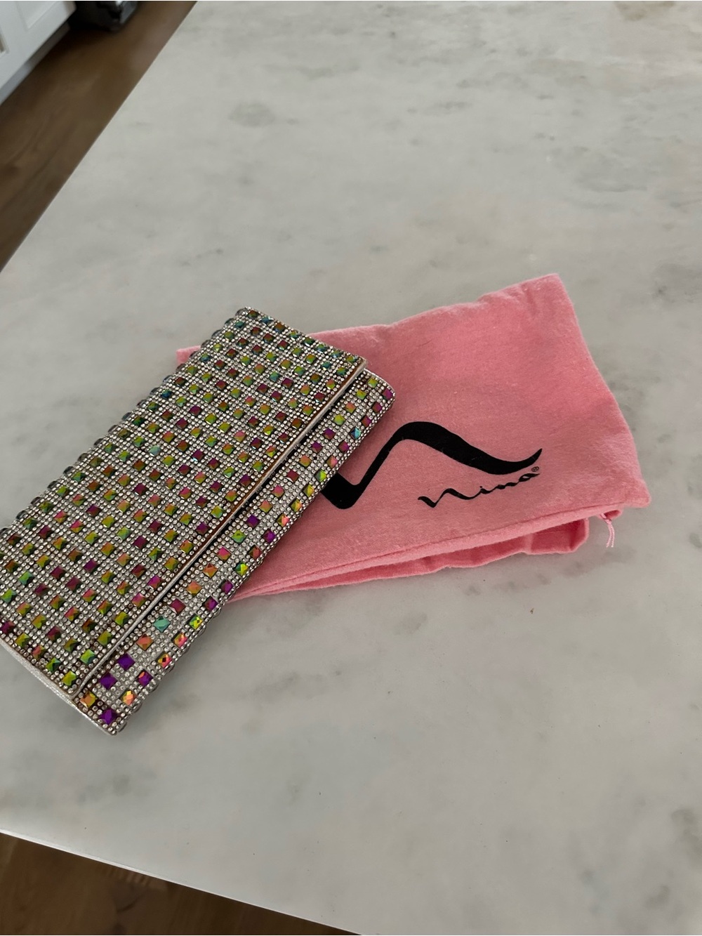 Nina Multicolor Crystal-Embellished Clutch with Pink Dust Bag